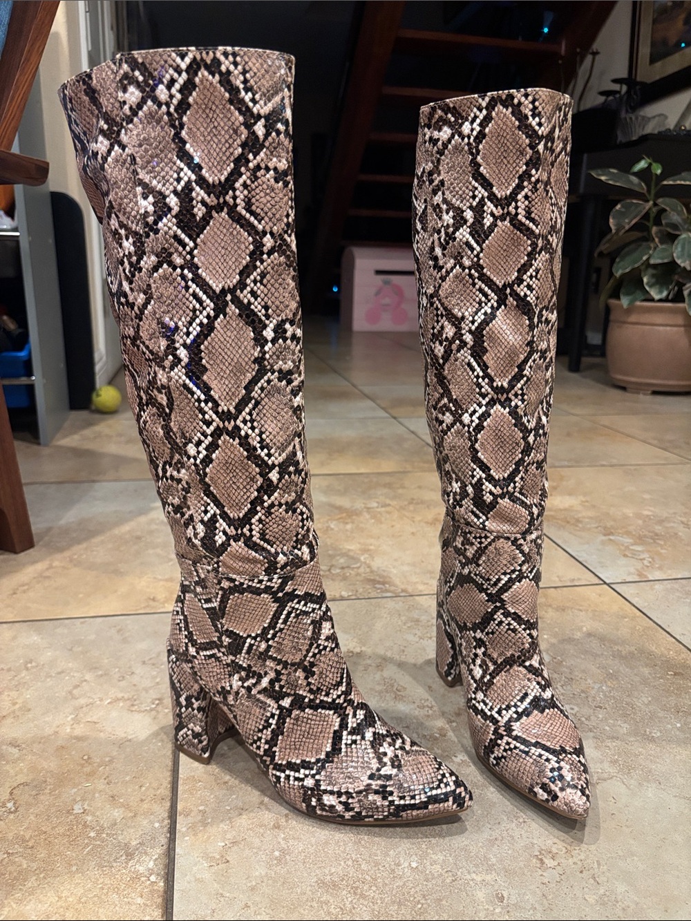 Lulus Snake-Print Knee-High Slouch Boots - Brown size 7